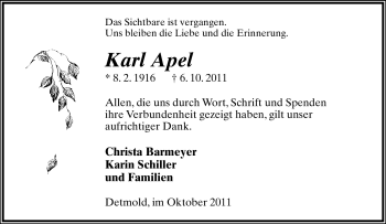 Anzeige  Karl Apel  Lippische Landes-Zeitung