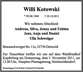 Anzeige  Willi Kotowski  Lippische Landes-Zeitung