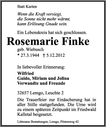 Anzeige  Rosemarie Finke  Lippische Landes-Zeitung