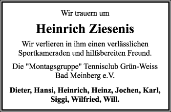 Anzeige  Heinrich Ziesenis  Lippische Landes-Zeitung