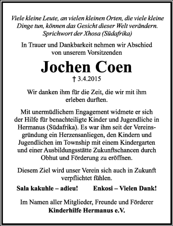 Anzeige  Jochen Coen  Lippische Landes-Zeitung