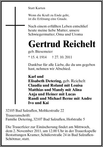 Anzeige  Gertrud Reichelt  Lippische Landes-Zeitung