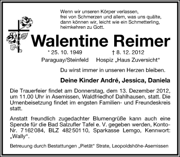 Anzeige  Walentine Reimer  Lippische Landes-Zeitung