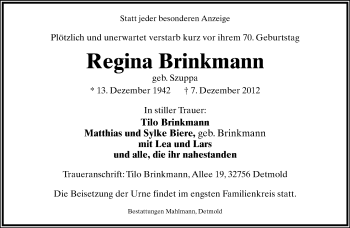 Anzeige  Regina Brinkmann  Lippische Landes-Zeitung