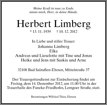 Anzeige  Herbert Limberg  Lippische Landes-Zeitung