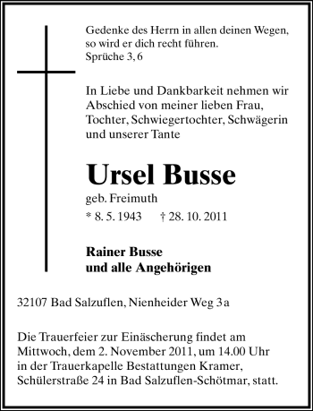 Anzeige  Ursel Busse  Lippische Landes-Zeitung