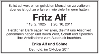 Anzeige  Fritz Alf  Lippische Landes-Zeitung