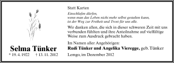 Anzeige  Selma Tünker  Lippische Landes-Zeitung