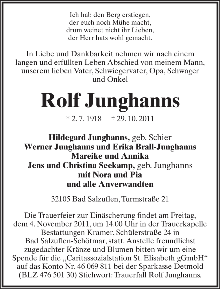  Traueranzeige für Rolf Junghanns vom 31.10.2011 aus Lippische Landes-Zeitung