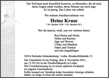 Anzeige  Heinz Kruse  Lippische Landes-Zeitung