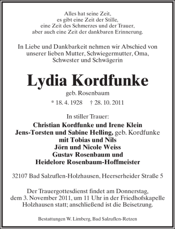 Anzeige  Lydia Kordfunke  Lippische Landes-Zeitung