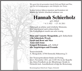 Anzeige  Hannah Schierholz  Lippische Landes-Zeitung