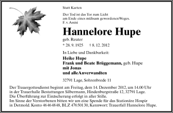 Anzeige  Hannelore Hupe  Lippische Landes-Zeitung