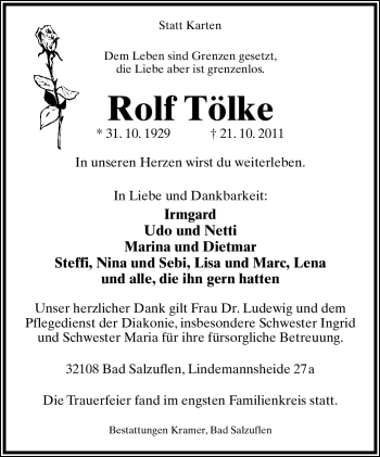 Anzeige  Rolf Tölke  Lippische Landes-Zeitung