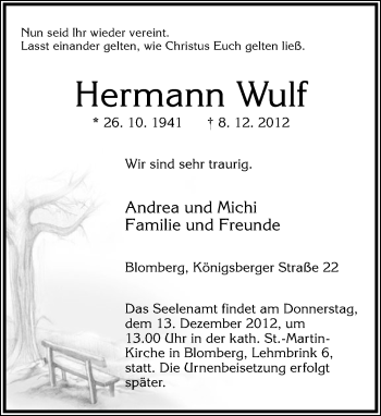 Anzeige  Hermann Wulf  Lippische Landes-Zeitung