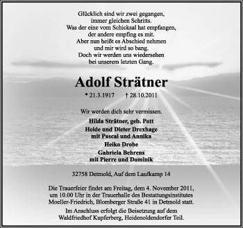 Anzeige  Adolf Strätner  Lippische Landes-Zeitung