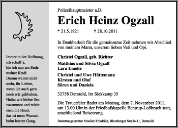 Anzeige  Erich Heinz Ogzall  Lippische Landes-Zeitung