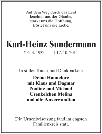 Anzeige  Karl-Heinz Sundermann  Lippische Landes-Zeitung