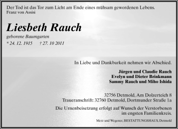 Anzeige  Liesbeth Rauch  Lippische Landes-Zeitung