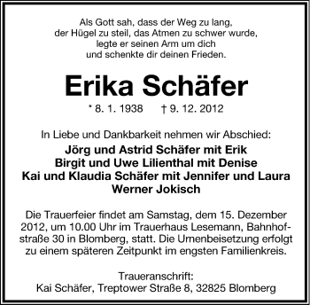 Anzeige  Erika Schäfer  Lippische Landes-Zeitung