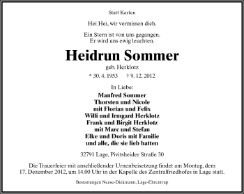 Anzeige  Heidrun Sommer  Lippische Landes-Zeitung