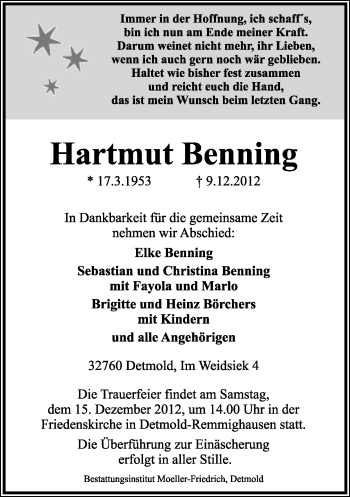 Anzeige  Hartmut Benning  Lippische Landes-Zeitung