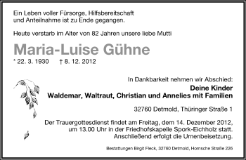 Anzeige  Maria-Luise Gühne  Lippische Landes-Zeitung