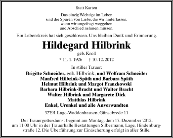 Anzeige  Hildegard Hilbrink  Lippische Landes-Zeitung
