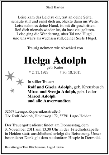 Anzeige  Helga Adolph  Lippische Landes-Zeitung