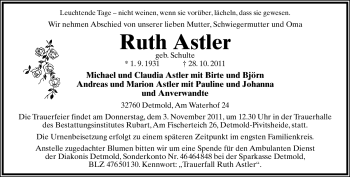 Anzeige  Ruth Astler  Lippische Landes-Zeitung