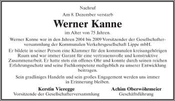 Anzeige  Werner Kanne  Lippische Landes-Zeitung
