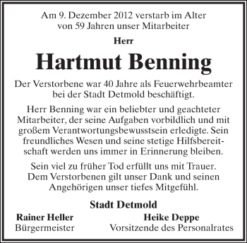 Anzeige  Hartmut Benning  Lippische Landes-Zeitung