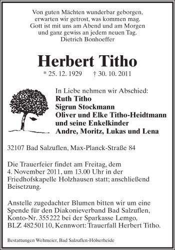 Anzeige  Herbert Titho  Lippische Landes-Zeitung