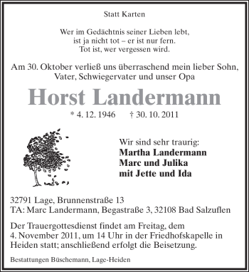 Anzeige  Horst Landermann  Lippische Landes-Zeitung