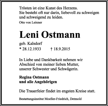 Anzeige  Leni Ostmann  Lippische Landes-Zeitung