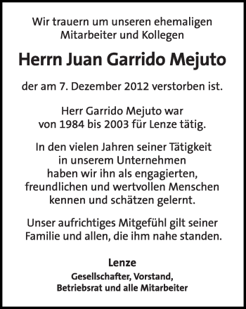 Anzeige  Juan Garrido  Mejuto  Lippische Landes-Zeitung