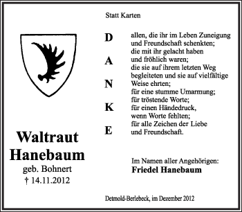 Anzeige  Waltraut Hanebaum  Lippische Landes-Zeitung
