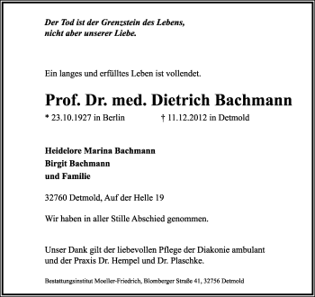 Anzeige  Dietrich Bachmann  Lippische Landes-Zeitung