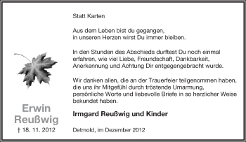Anzeige  Erwin Reußwig  Lippische Landes-Zeitung