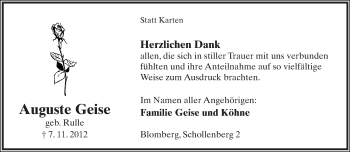 Anzeige  Auguste Geise  Lippische Landes-Zeitung