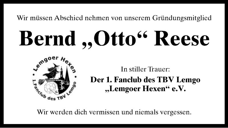  Traueranzeige für Bernd Reese vom 13.12.2012 aus Lippische Landes-Zeitung