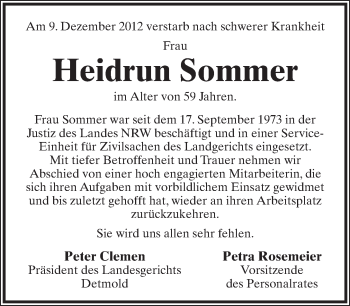 Anzeige  Heidrun Sommer  Lippische Landes-Zeitung