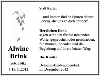Anzeige  Alwine Brink  Lippische Landes-Zeitung