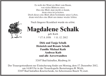 Anzeige  Magdalene Schalk  Lippische Landes-Zeitung