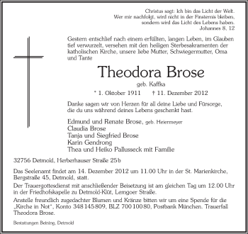 Anzeige  Theodora Brose  Lippische Landes-Zeitung