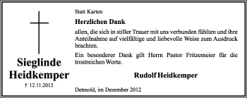 Anzeige  Sieglinde Heidkemper  Lippische Landes-Zeitung