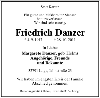 Anzeige  Friedrich Danzer  Lippische Landes-Zeitung