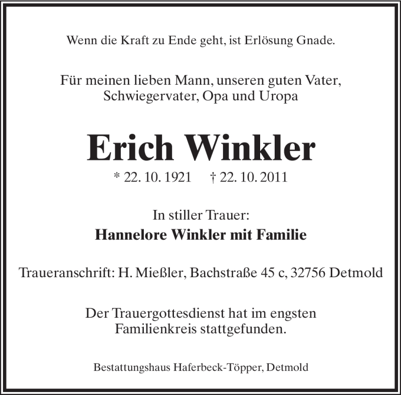  Traueranzeige für Erich Winkler vom 05.11.2011 aus Lippische Landes-Zeitung