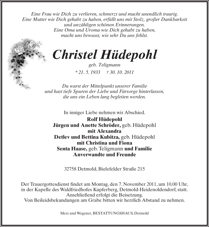  Traueranzeige für Christel Hüdepohl vom 03.11.2011 aus Lippische Landes-Zeitung