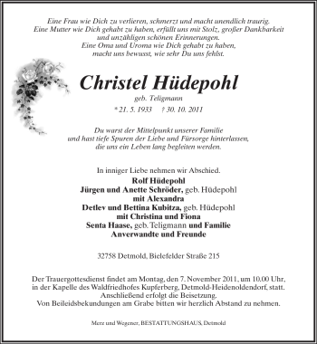 Anzeige  Christel Hüdepohl  Lippische Landes-Zeitung